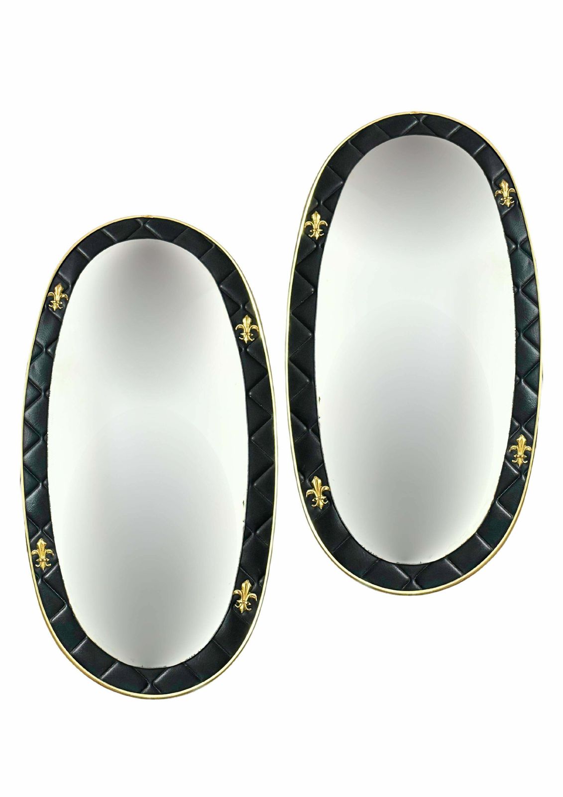 Set Of 2 French Oval Wall Mirrors In Leather Frame With Brass Fleur De Lis photo furniture