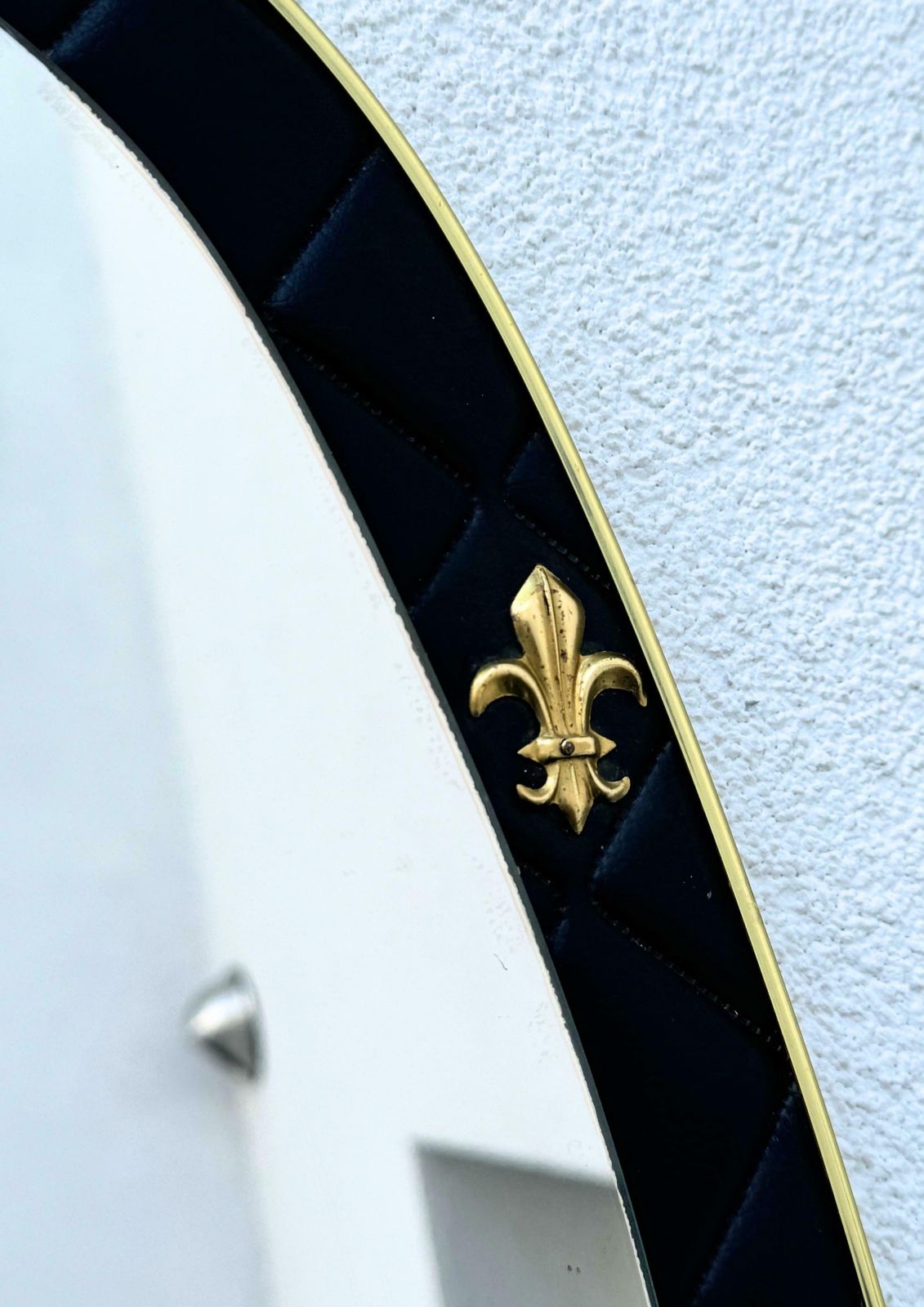 Set Of 2 French Oval Wall Mirrors In Leather Frame With Brass Fleur De Lis photo vintage