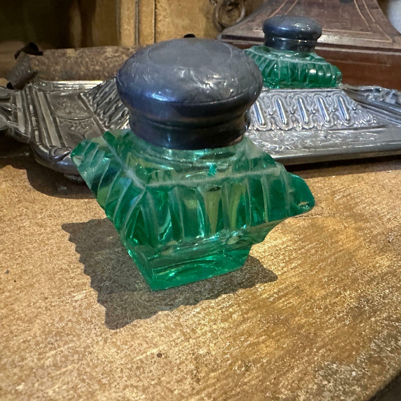 Late 19th Century Victorian Silver Plated And Green Glass Inkwell photo buy