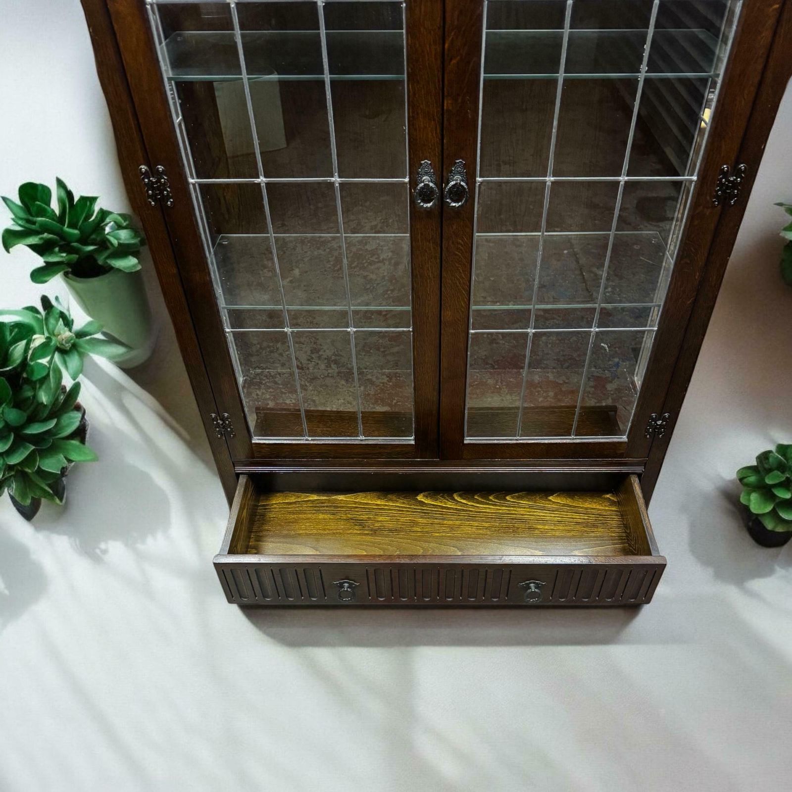 Vintage Oak Glass Fronted Bookcase C1960 / Internal Lighting / Lower Drawer photo vintage