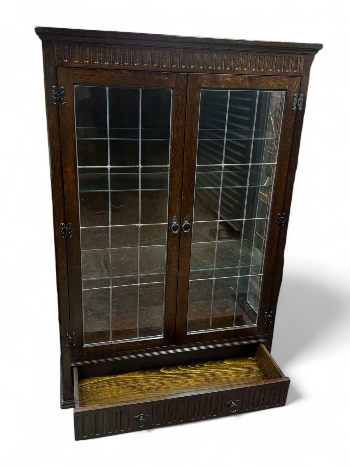 photo furniture Vintage Oak Glass Fronted Bookcase C1960 / Internal Lighting / Lower Drawer