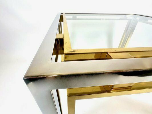 Italian Coffee Table In Chrome & Glass & Brass, 1970s photo for sale