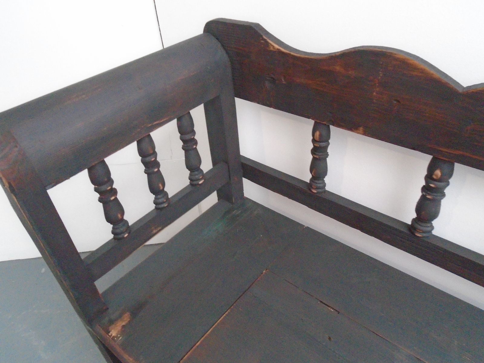 A Black & Red Columned Antique Pine 3 To 4 Seater Bench photo vinterior