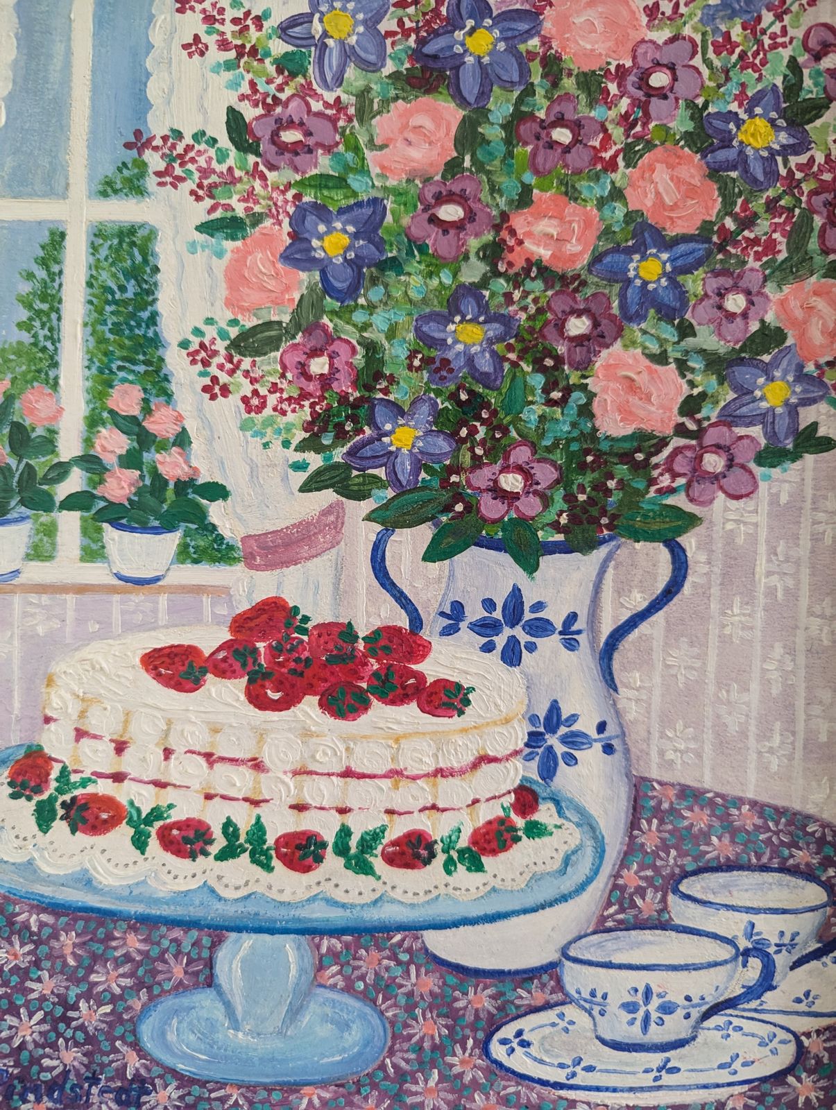 Cake & Blooms Oil Painting, 1990s photo buy
