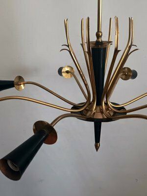 Mid Century Italian Brass Chandelier In The Style Of Oscar Torlasco, 1950s photo Lighting