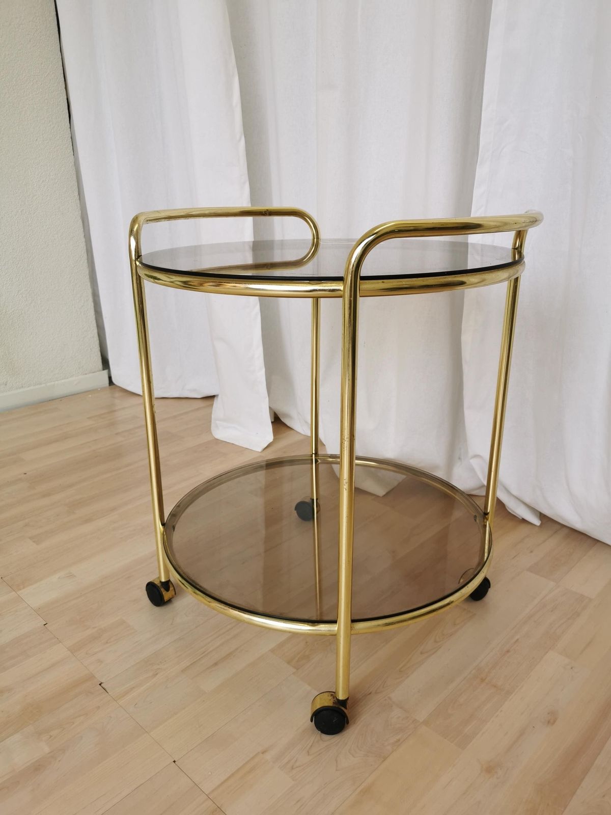 Vintage Serving Trolley With Metal And Smoked Glass / 1970s Mid Century Golden Rolling Side Table / Hollywood Regency Bar On Wheels photo 308.0
