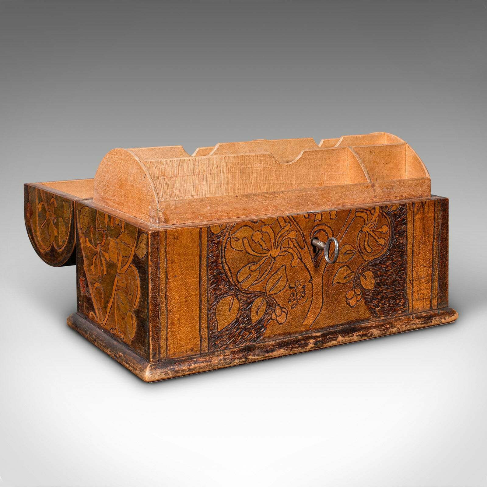 Antique Pokerwork Stationery Box, English Desktop Tidy, Arts & Crafts, Victorian photo furniture