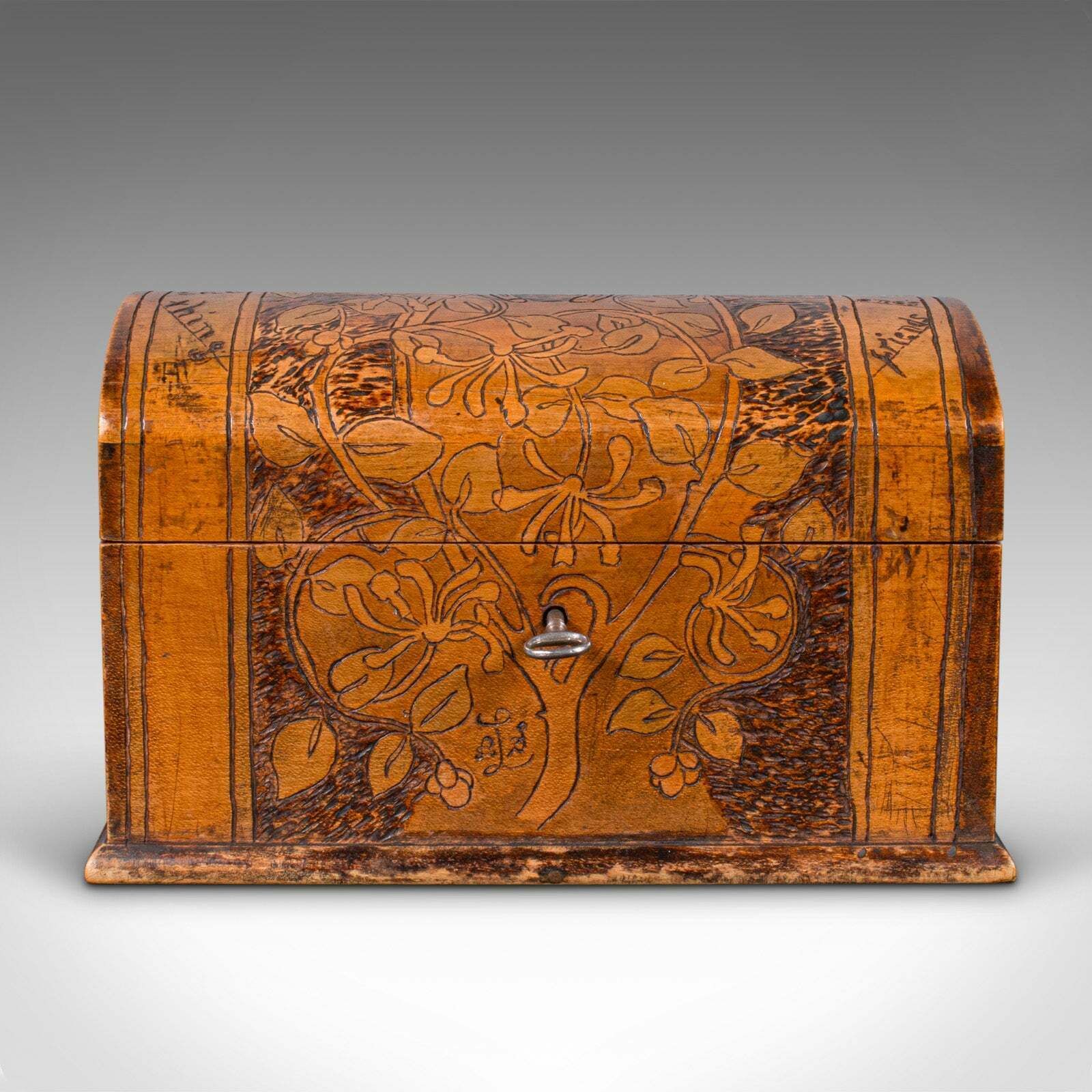 Antique Pokerwork Stationery Box, English Desktop Tidy, Arts & Crafts, Victorian photo for sale
