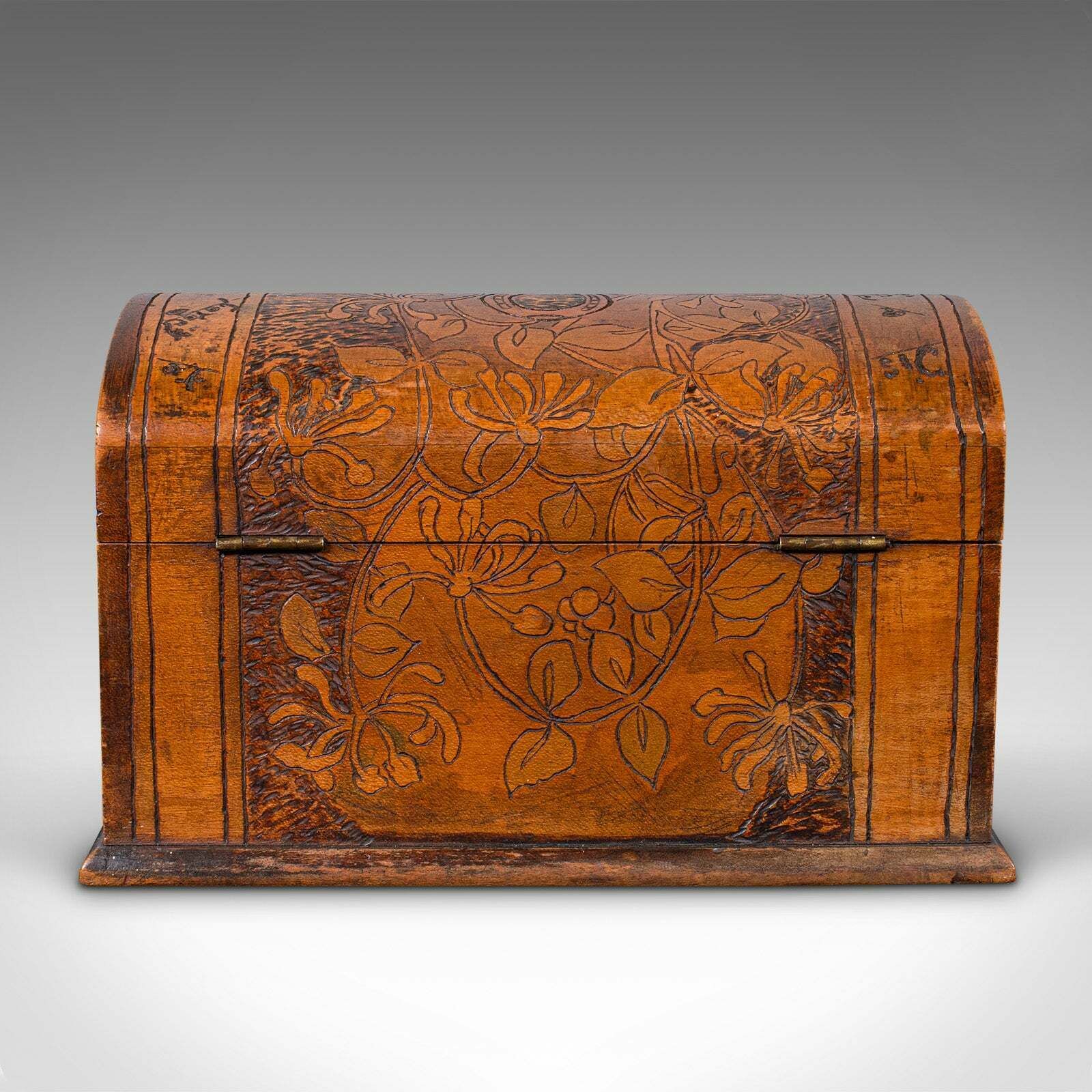 Antique Pokerwork Stationery Box, English Desktop Tidy, Arts & Crafts, Victorian photo 695.0