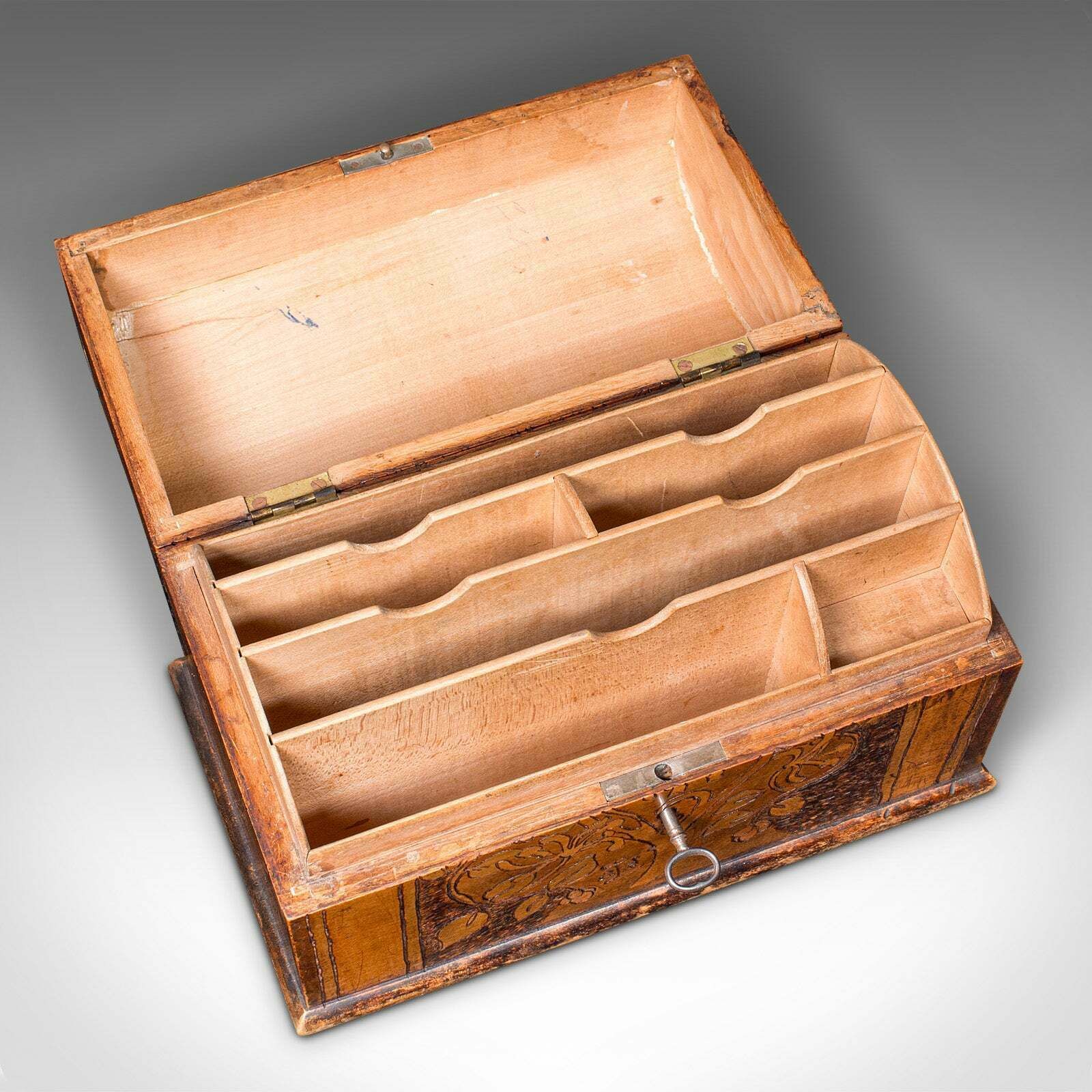 photo furniture Antique Pokerwork Stationery Box, English Desktop Tidy, Arts & Crafts, Victorian