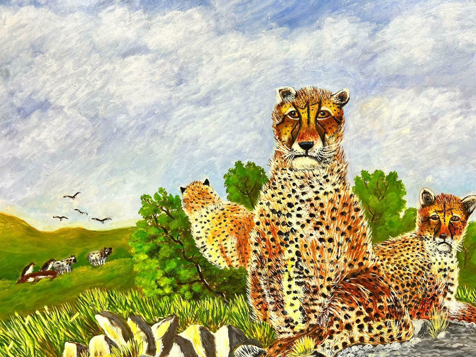 Ben Powellcontemporary British Acrylic Painting Leopard Family In Landscape photo furniture