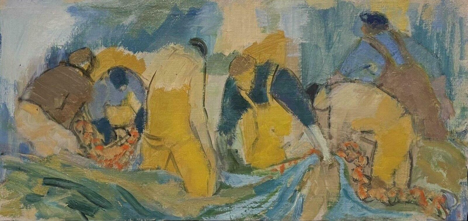 French Schoolmid Century French Post Impressionist Oil, Fishermen Tending Their Nets