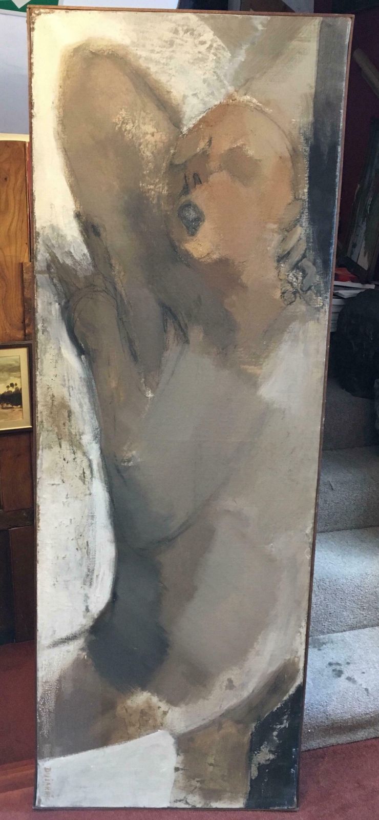 élisabeth Dujarric De La Rivière'anguish' Huge French 20thc. Modernist Portrait Original Oil Painting Signed1962 photo furniture