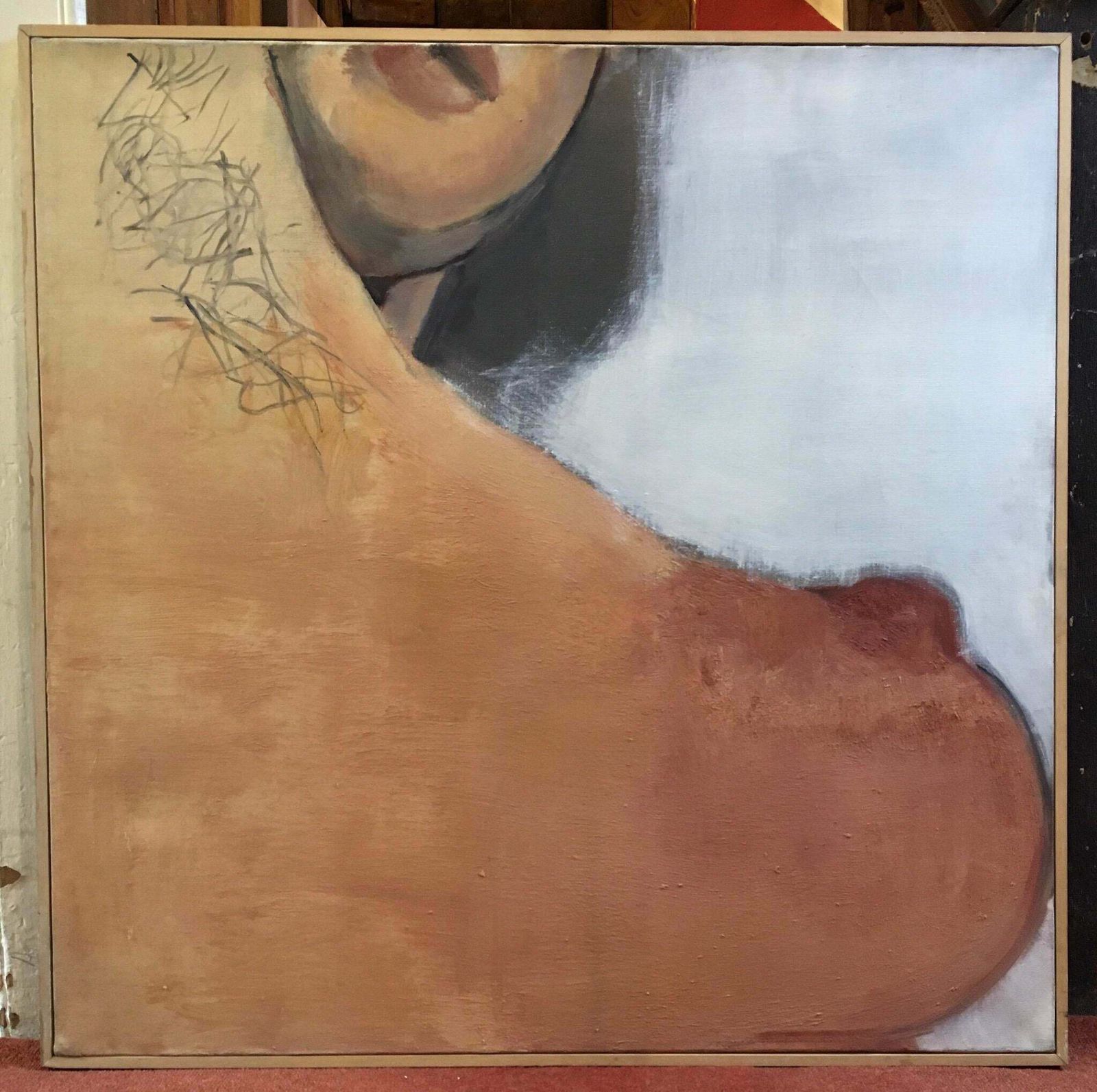 élisabeth Dujarric De La Rivièrehuge 1970s Parisian Nude Portrait Modernist Original Oil Painting Signed1979 photo furniture
