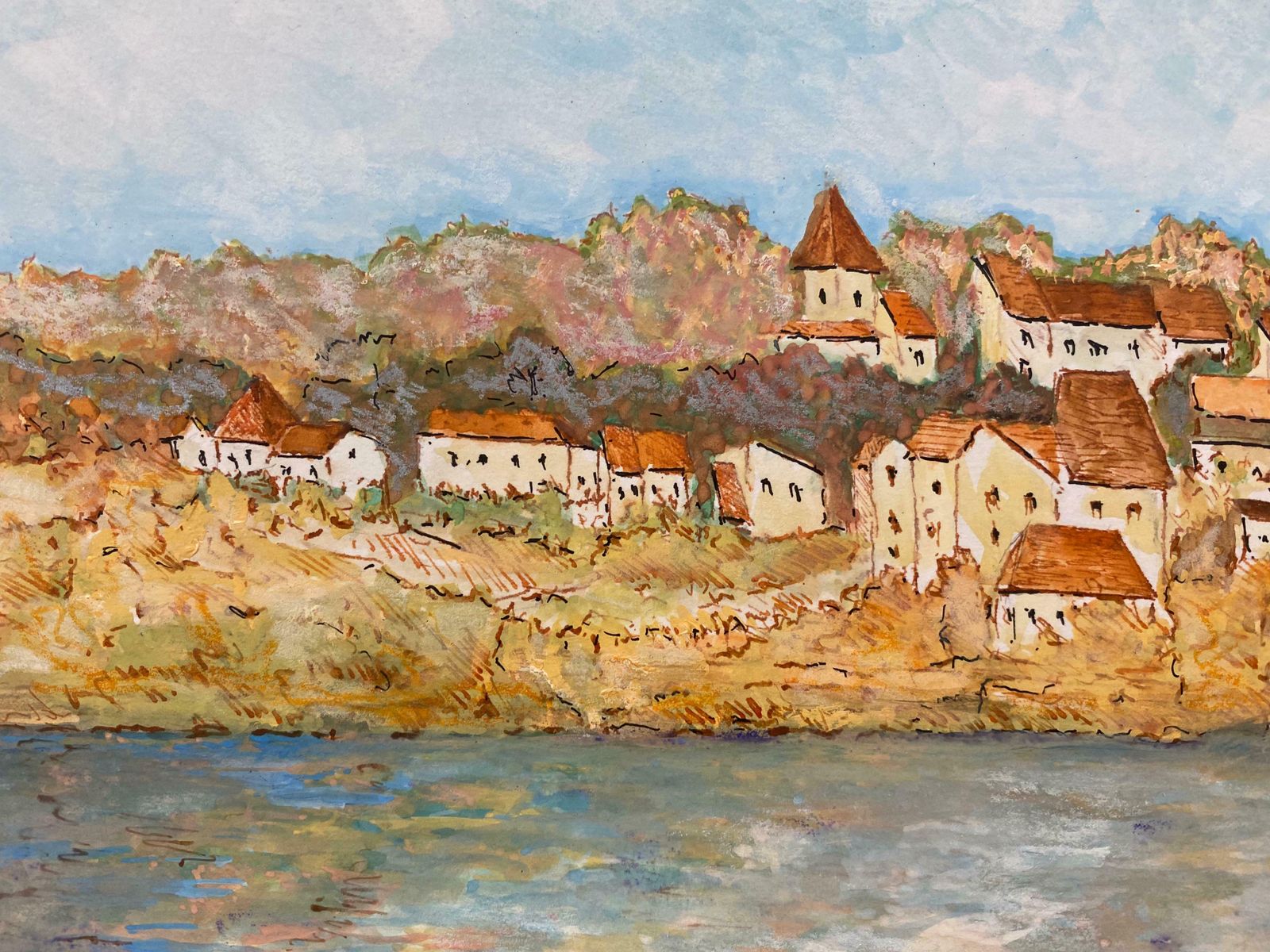 Bernard Labbe1950's French Modernist/ Cubist Painting   French Houses On Hill1950's photo for sale