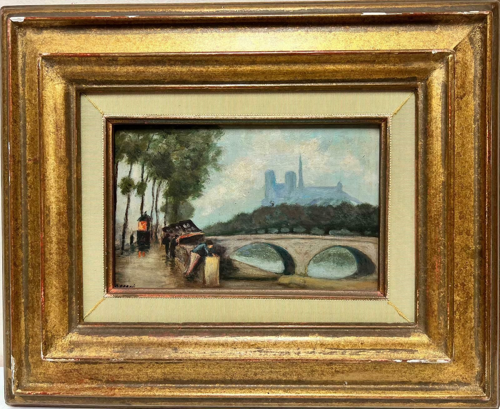 20th Century French Schoolmid 20th Century French Signed Oil River Seine Paris Notre Dame Book Sellers1950's