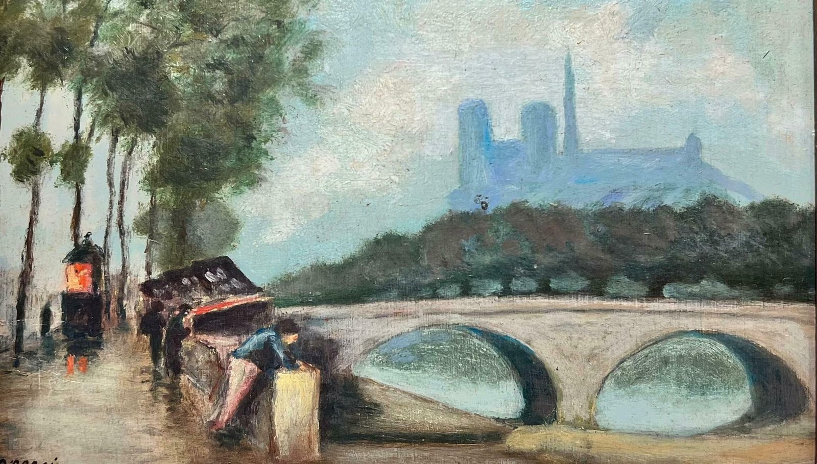 20th Century French Schoolmid 20th Century French Signed Oil River Seine Paris Notre Dame Book Sellers1950's photo furniture