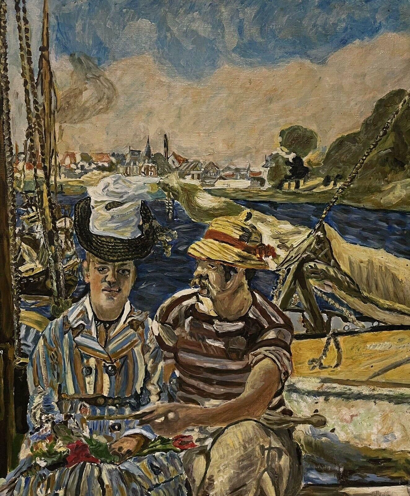 French Impressionist Large French Impressionist Oil After Manet Figures Sitting By Boats On River photo for sale