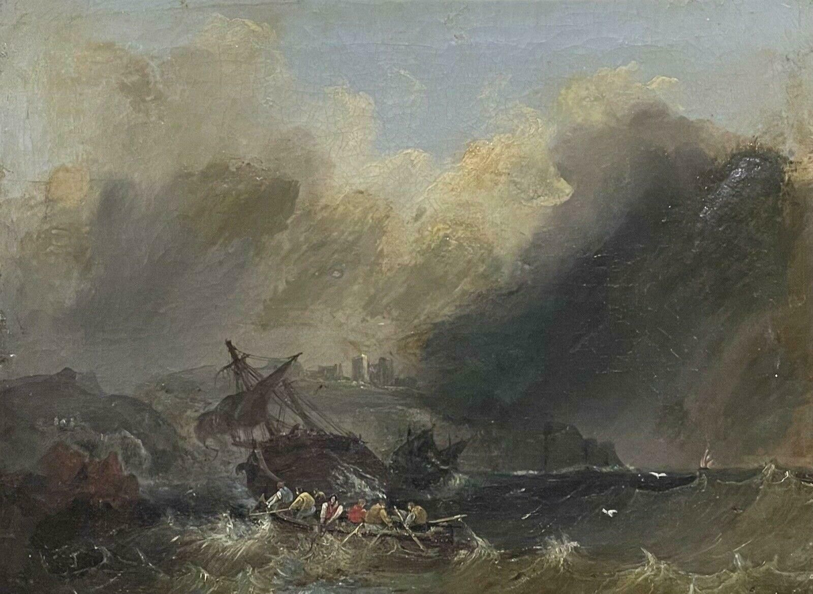 British Victorianantique British Marine Oil Painting Sailors In A Shipwreck Storm Off The Coast