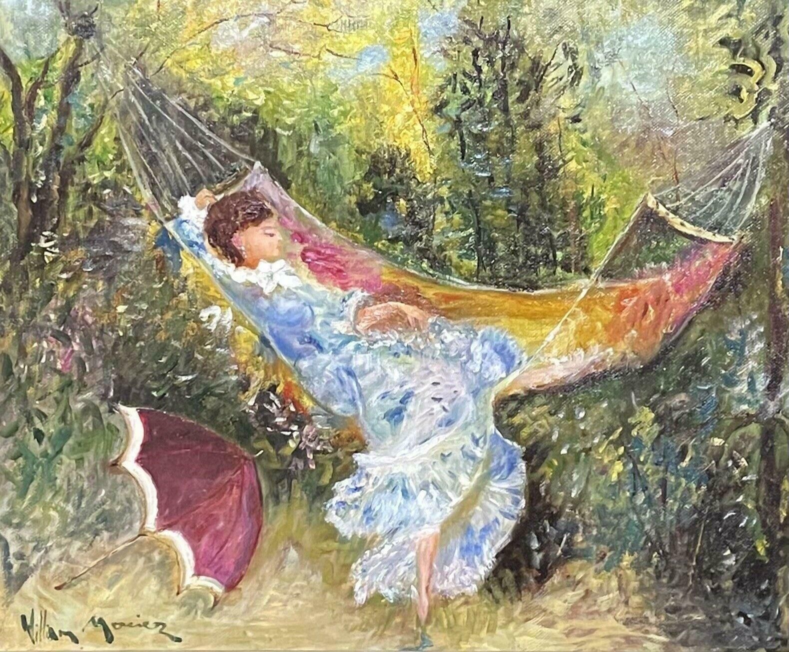 William Mercierwilliam Mercier (French 1939) Signed Impressionist Oil   Lady In Garden Hammockc. 2000