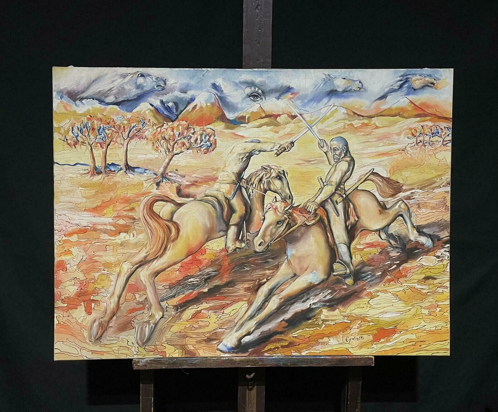 French Schoolhuge French 20th Century Surrealist Oil Painting Knights On Horseback Swordfight photo furniture