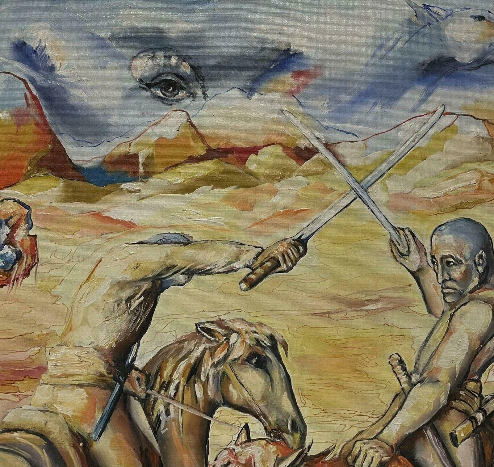 French Schoolhuge French 20th Century Surrealist Oil Painting Knights On Horseback Swordfight photo for sale