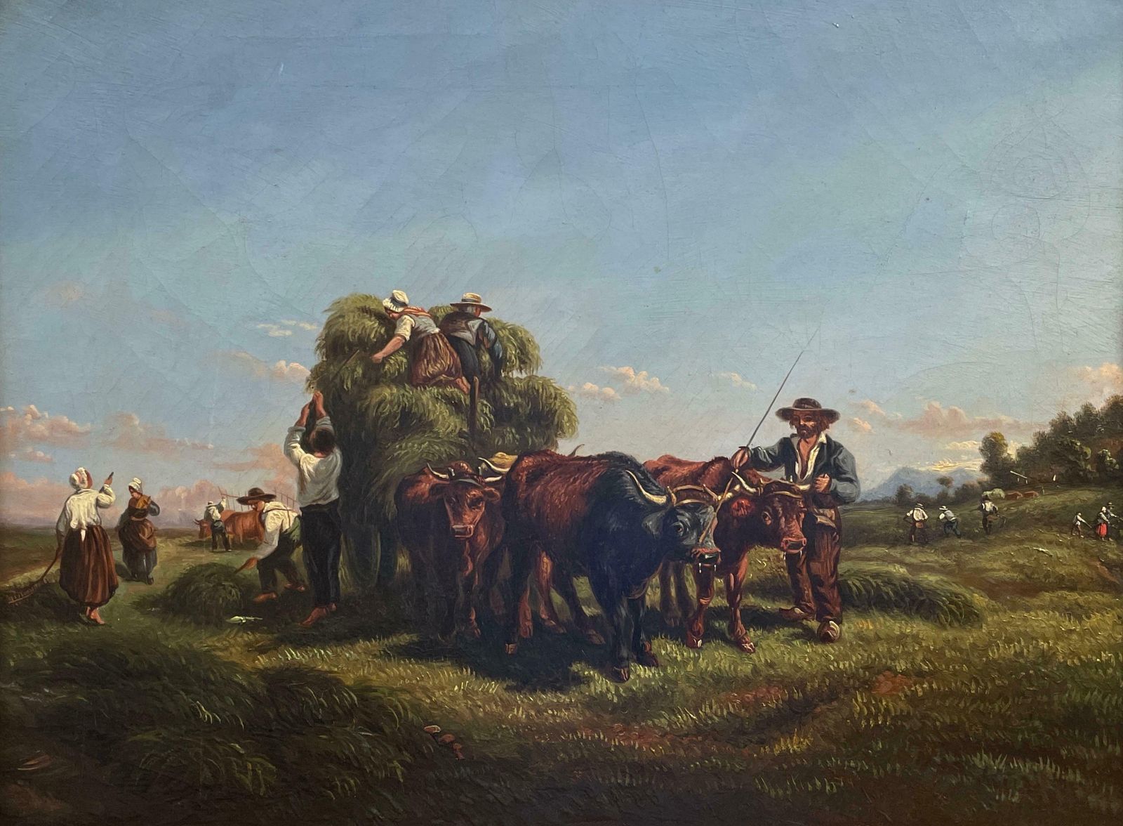 19thc Frenchharvest Workers Loading Hay Cart In Summer Fields, 19th Century French Oil 19th Century