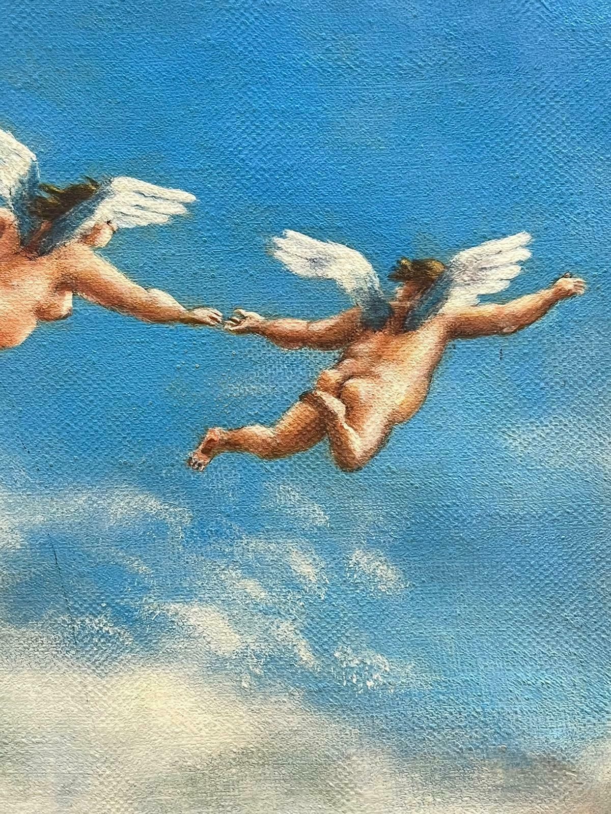 French Schoolfrench Surrealist Oil Winged Cherubs Flying Through Clouds photo furniture