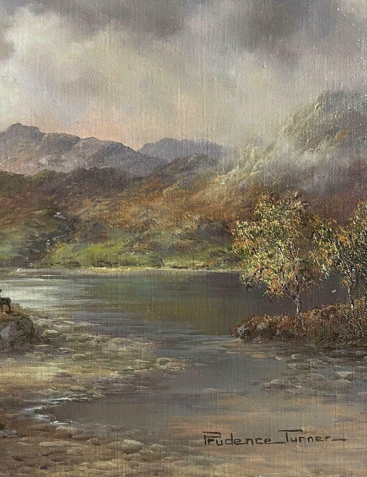 Prudence Turnerscottish Highlands With Stags By Loch, Signed Original British Oil Paintingc. 1970's photo Art