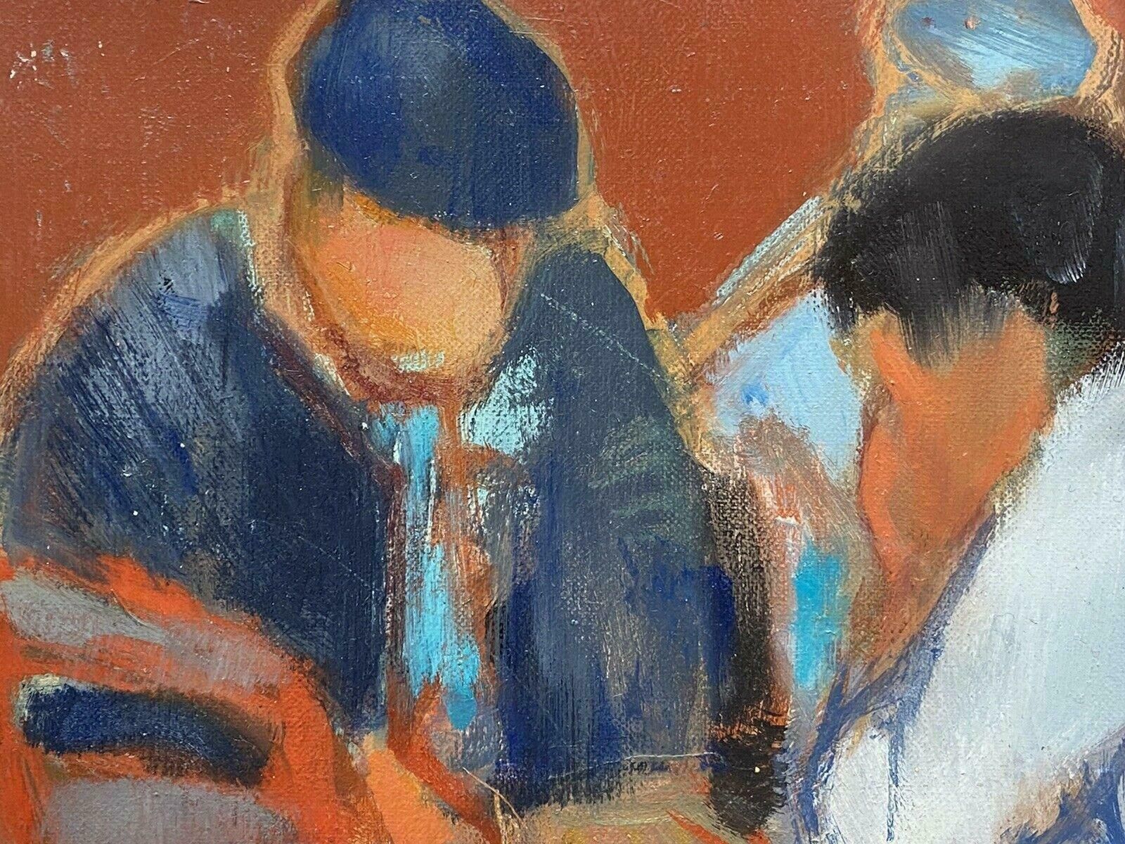 R.Leroyrene Leroy   French Modernist Oil Painting   Figures Hunched Over Board Game1900's photo for sale