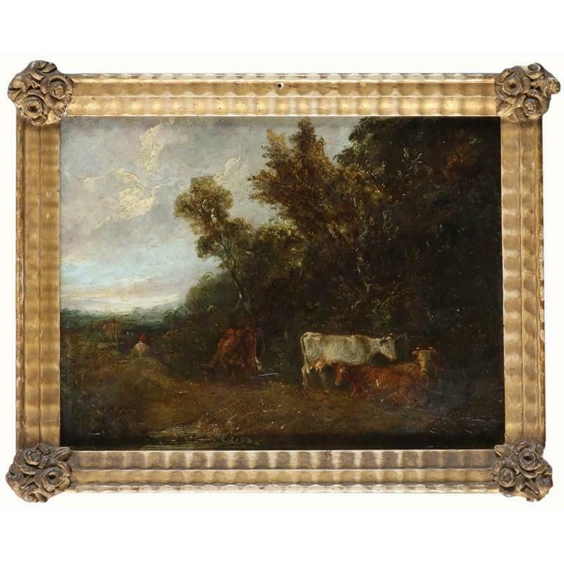 Mid Victorian English Landscape With Cattle And A Drover By A Pond, Oil On Panel