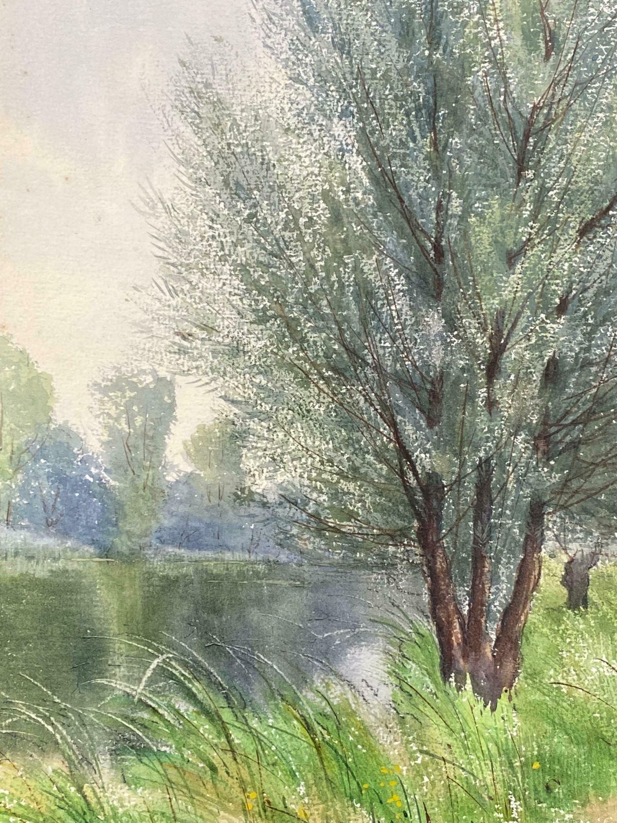 French Impressionistbright French Impressionist Antique Painting   Willow Trees By The River photo for sale