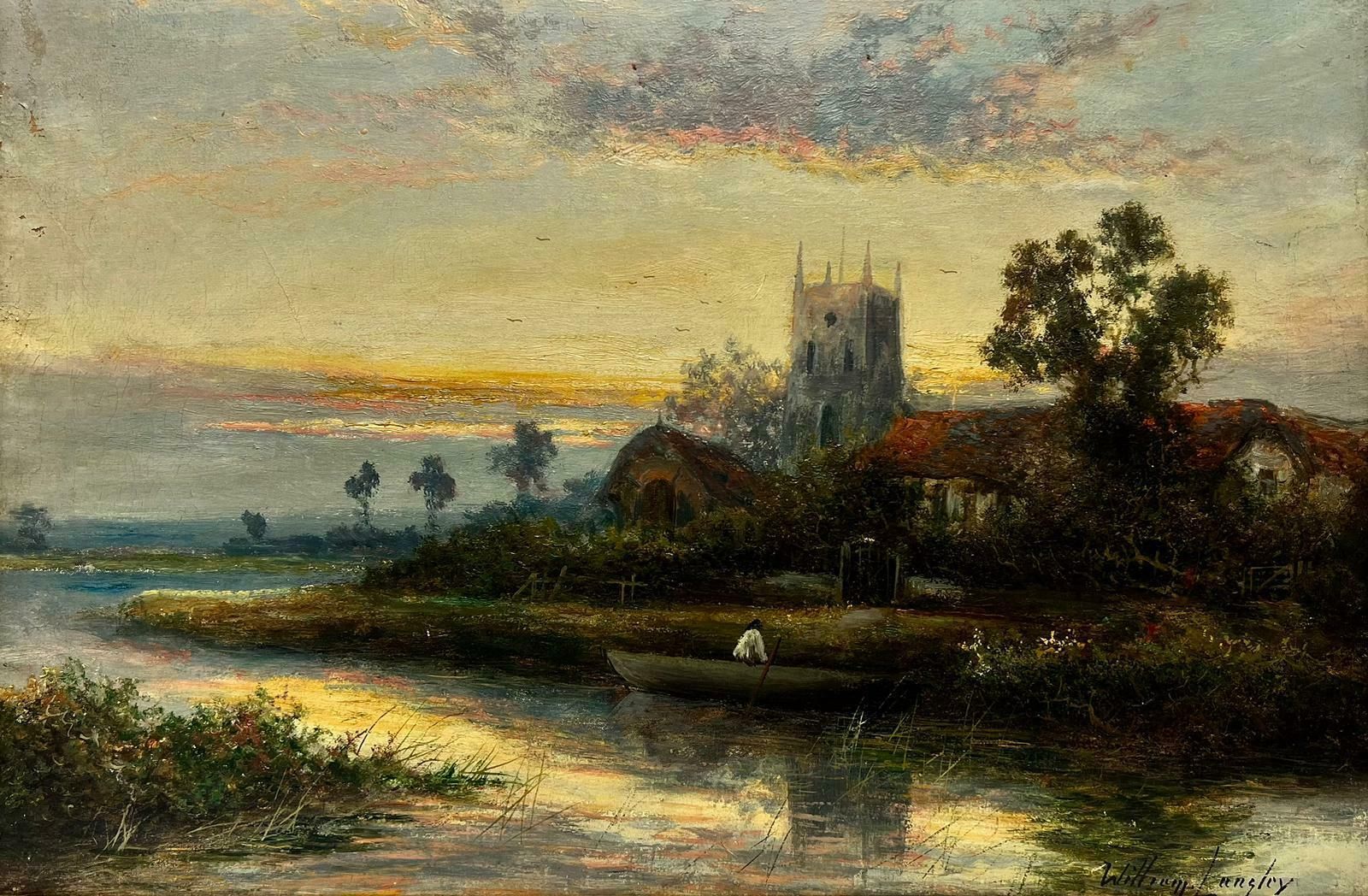 William Langleyfine Edwardian English Oil Painting River Landscape With Church At Sunset photo furniture