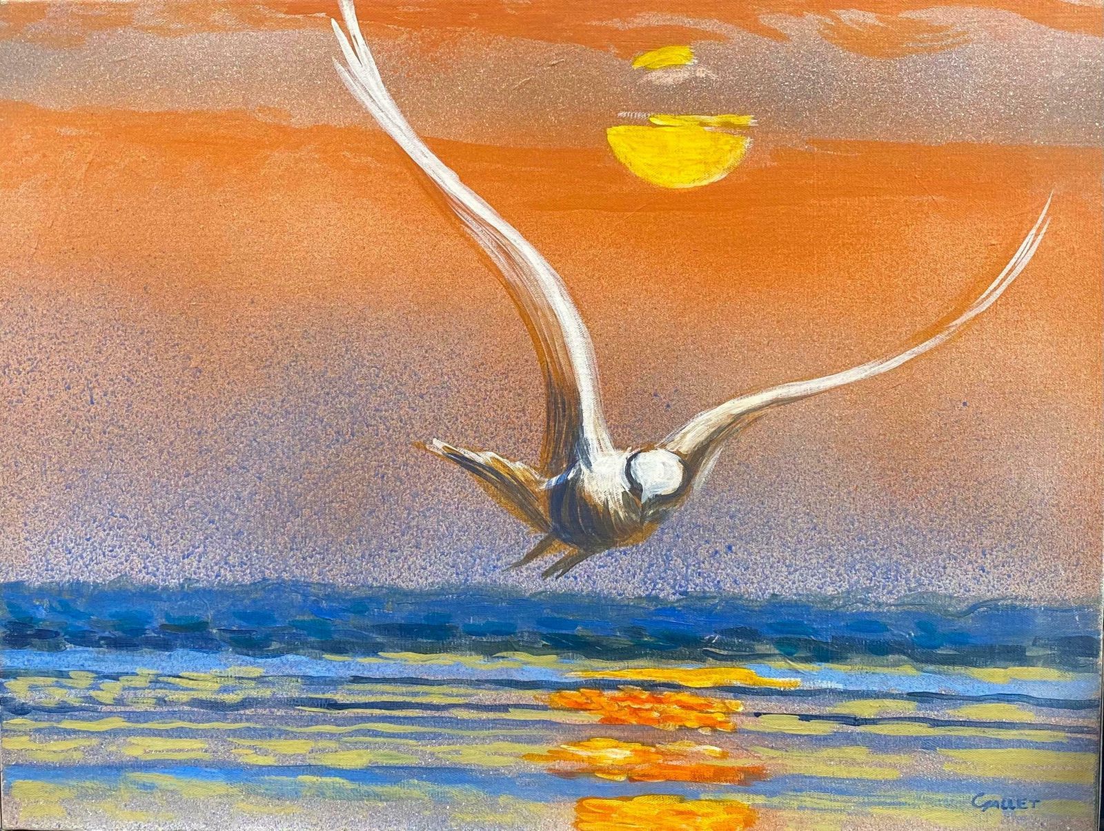 French Contemporaryseagull In Flight Sunset Seascape, Signed Large Oil Painting