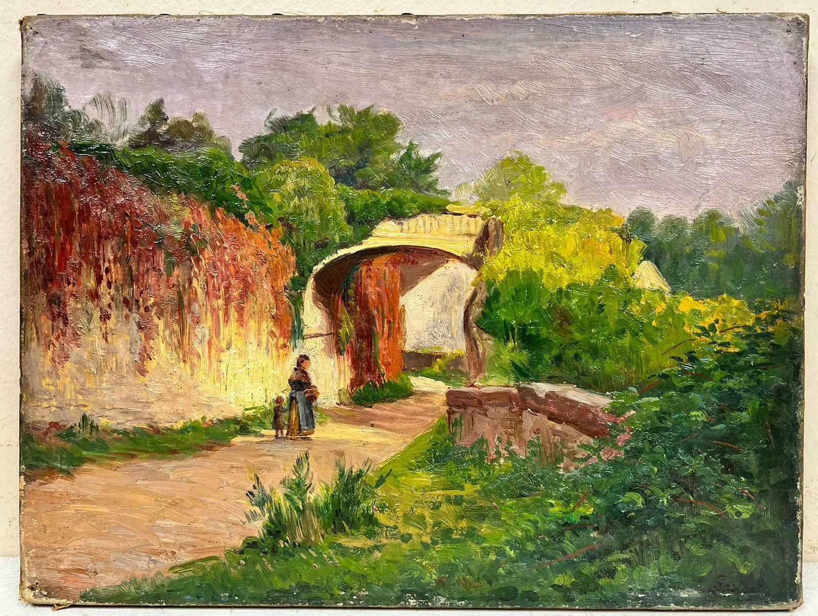 French School1900’s French Impressionist Oil Mother & Child Walking Country Lane In Sunshine 1900 photo furniture