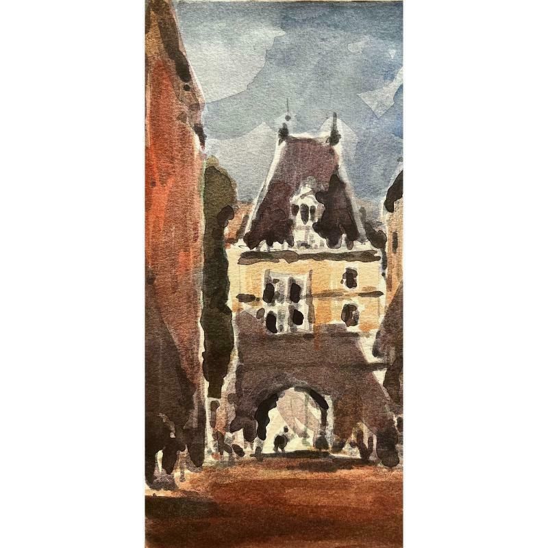 Unknownfrench Impressionist Watercolor Landscape Stone Archway In Quaint French Town20th Century photo for sale