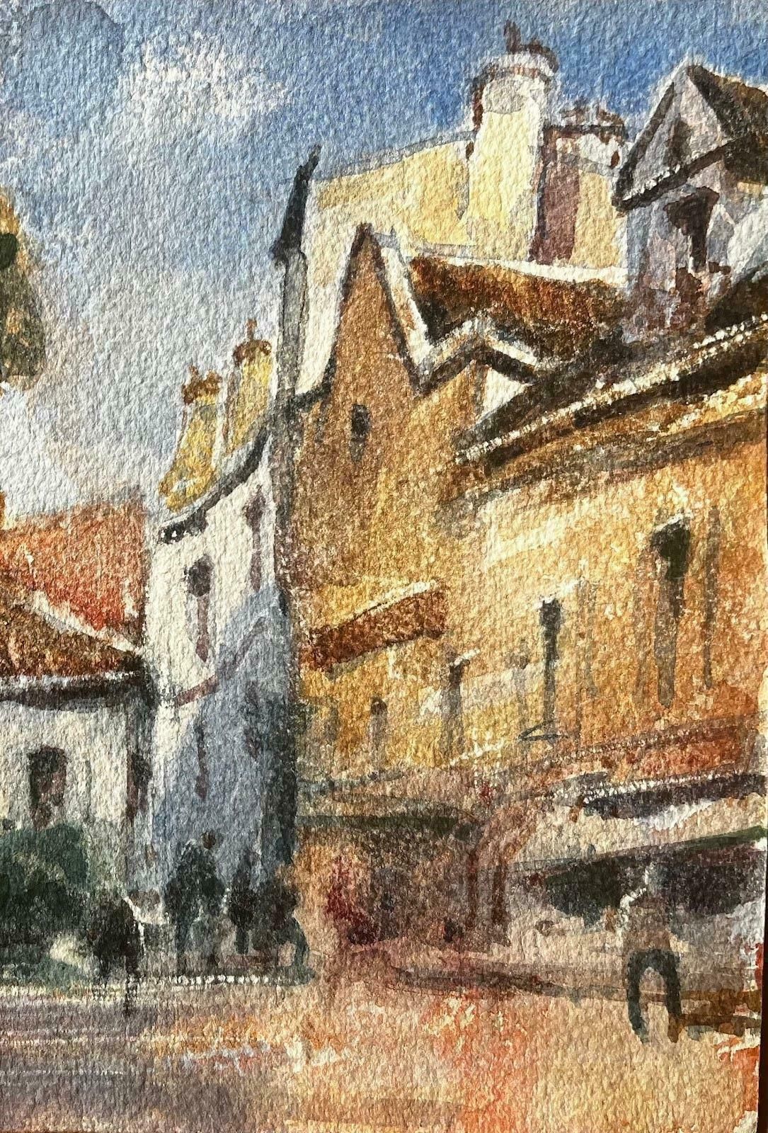 Unknownfrench Impressionist Watercolor Landscape   “Sunny Village Street With Figures"20th Century photo Art