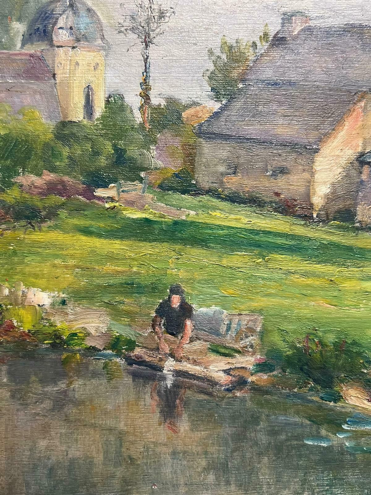 Regine Davidfigure In Peaceful Village Scene By The Water Charming Oil Painting1950's photo Art
