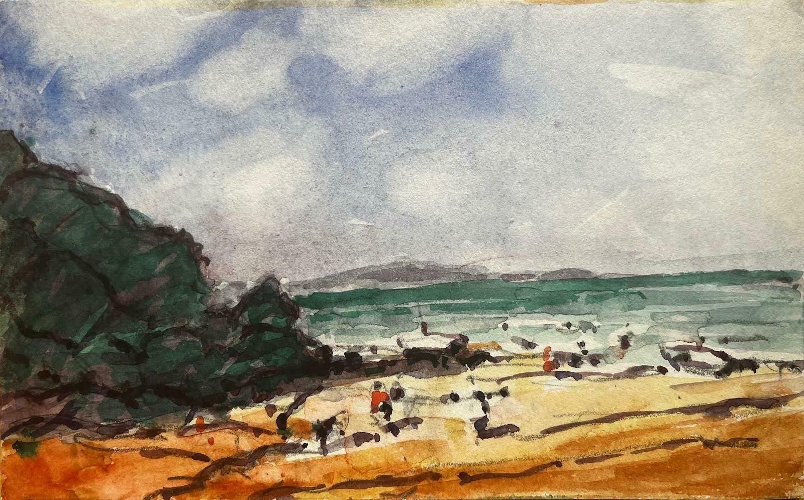 Unknownfrench Impressionist Watercolor Landscape Coastal Scene With Figures20th Century photo furniture