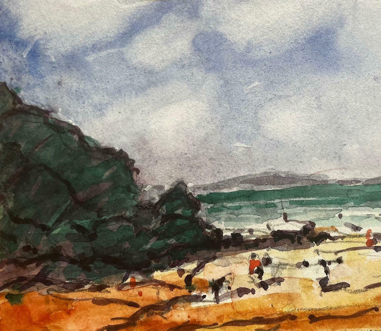 Unknownfrench Impressionist Watercolor Landscape Coastal Scene With Figures20th Century photo 332.0