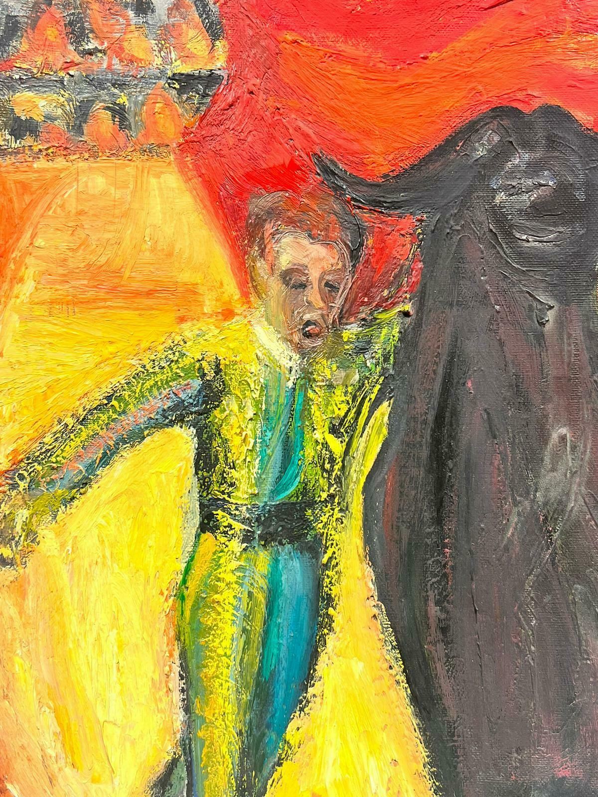 Huguette Ginet Lasnier Mid 20th Century French Oil Bull Fighter Matador With Bull Yellow & Red Colors photo for sale
