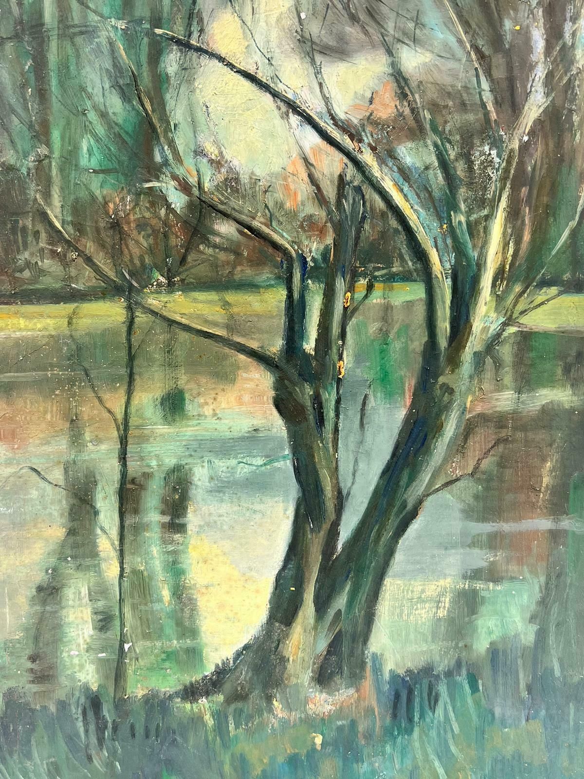 French School1950's French Modernist Oil Painting Bare Trees By Lake Moody Atmospheric Colors photo 506.0