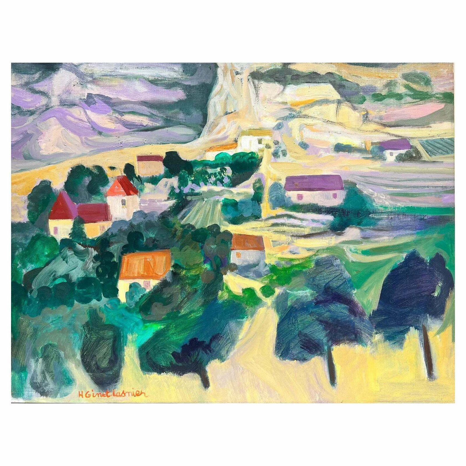 Huguette Ginet Lasnier French Modernist Signed Oil Purple Roof Villages In Dordogne French Landscapec. 2000's