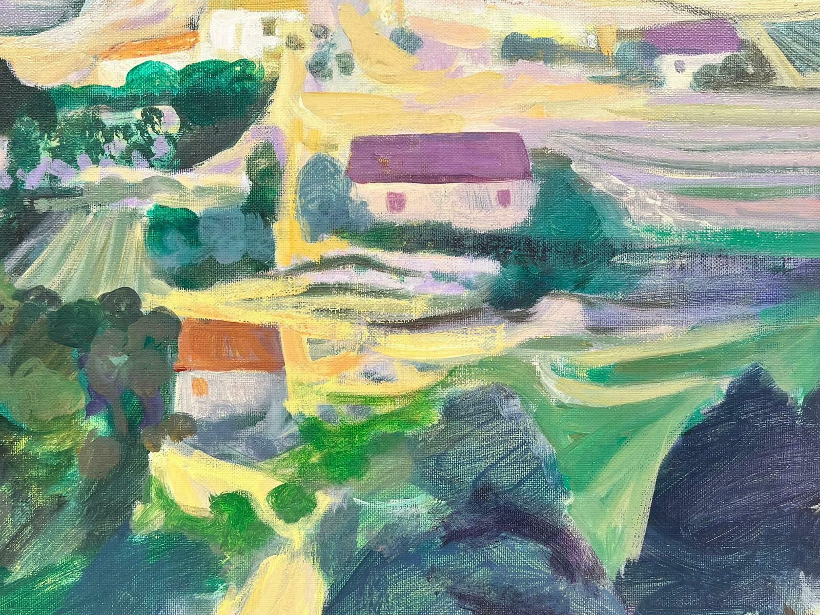 Huguette Ginet Lasnier French Modernist Signed Oil Purple Roof Villages In Dordogne French Landscapec. 2000's photo vinterior