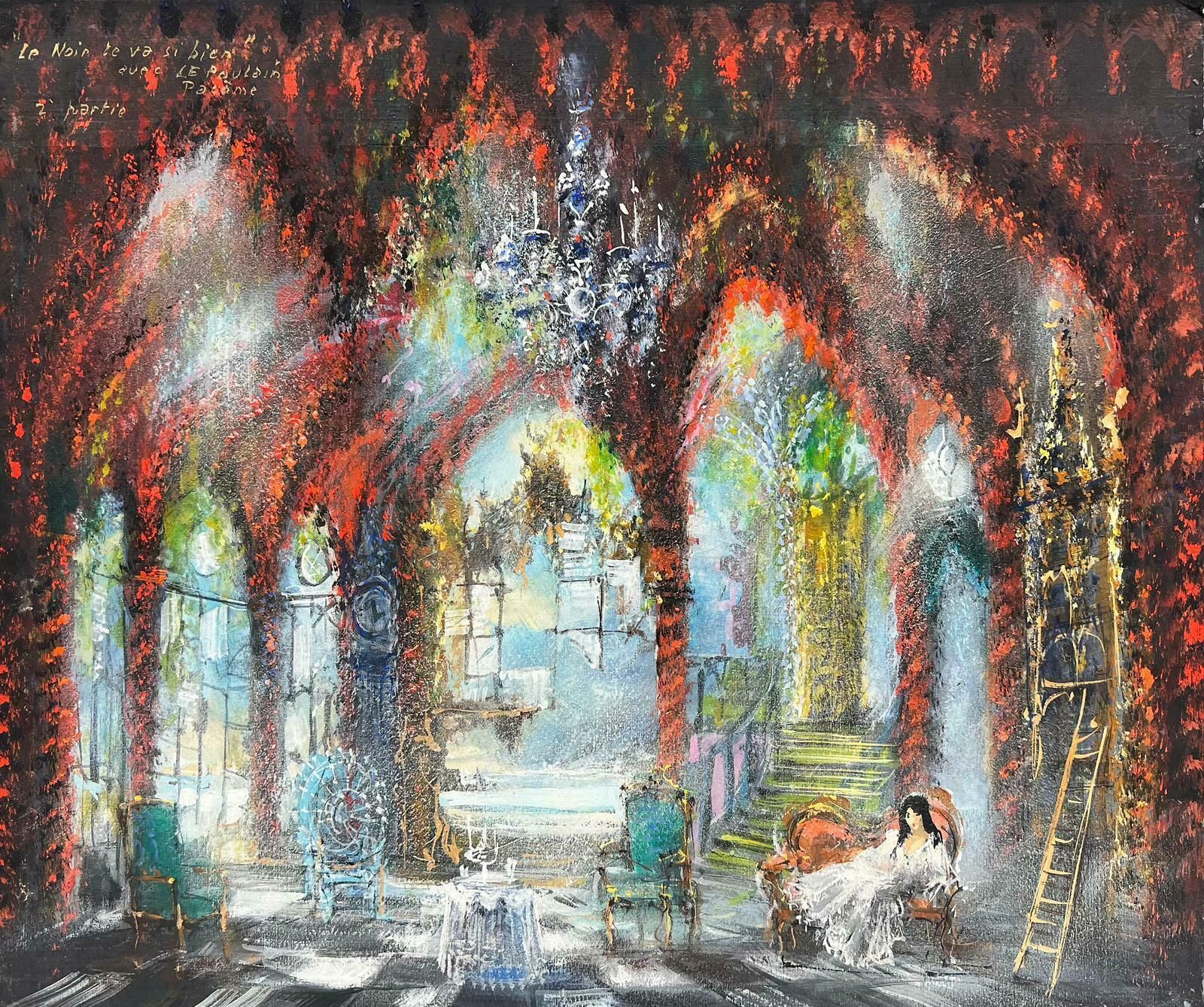 French Schoolsigned French Theatrical Stage Scene Painting Elegant Lady Interior Ballgown