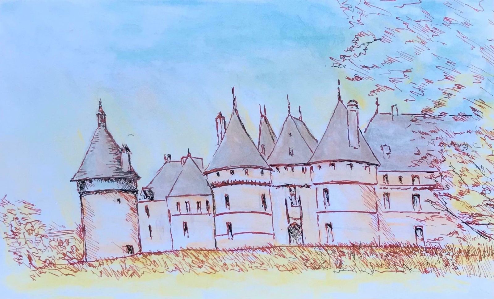 Bernard Labbe1950's Modernist/ Cubist Painting   Blue Skies Over French Chateau 1950's