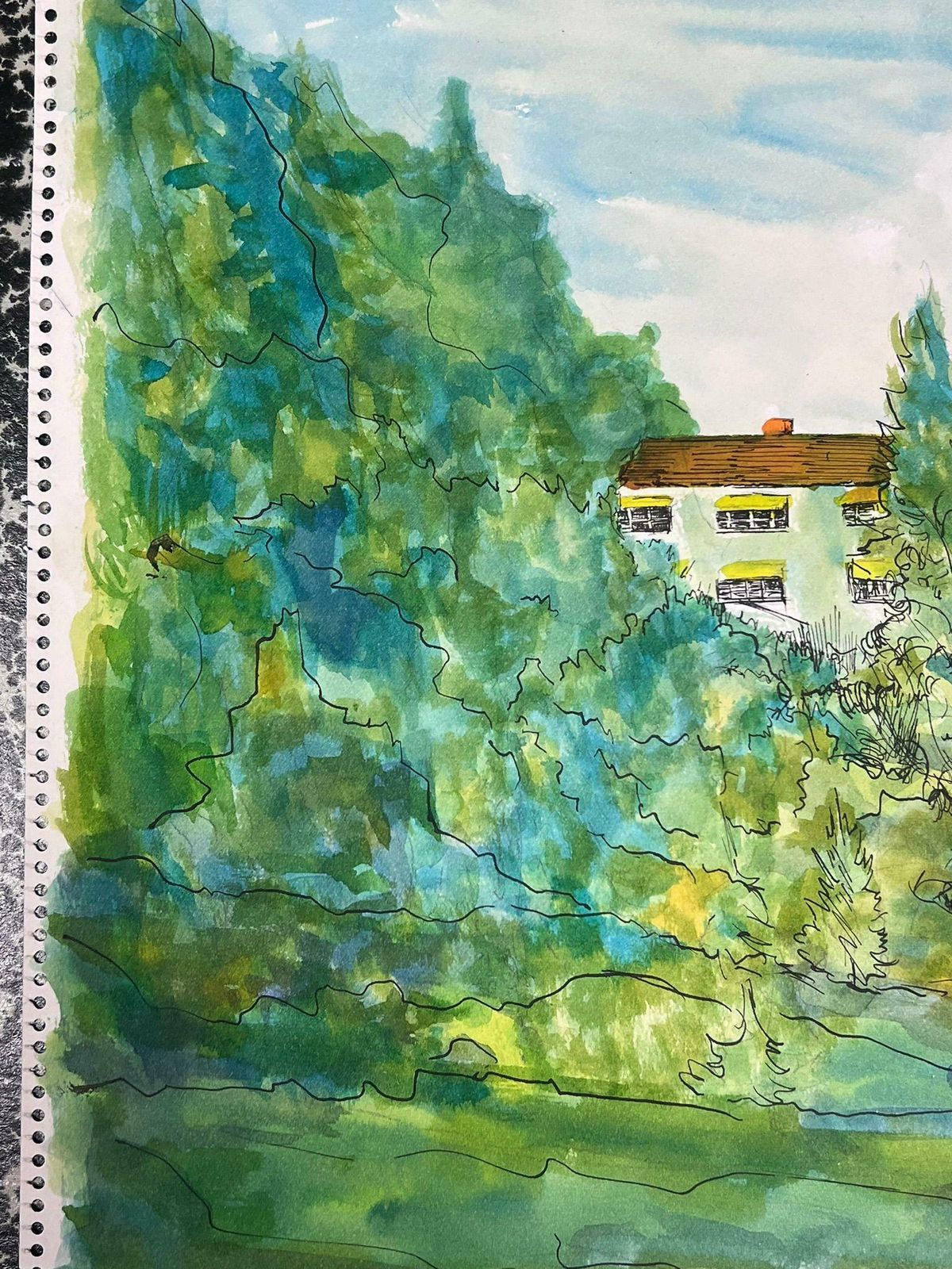 Bernard Labbe1950's Modernist Painting Bright Watercolour Chateau In Green And Blue Forest1950's photo 409.0