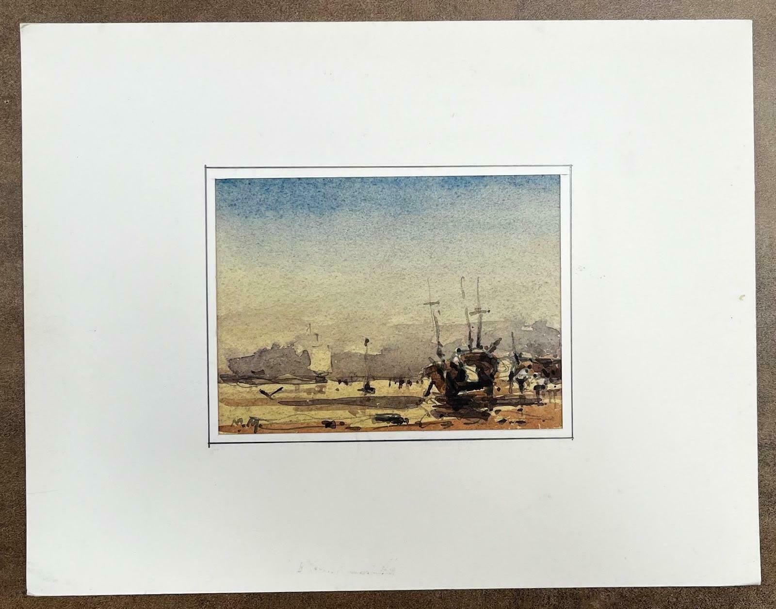 Unknownfrench Impressionist Watercolor Landscape   "Sailboats On The Shore At Low Tide"20th Century