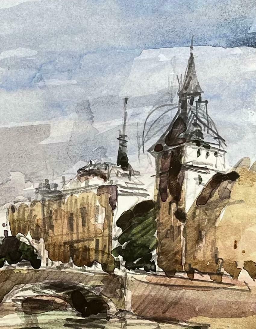 Unknownfrench Impressionist Watercolor Landscape River Seine Bridge Paris Landscape20th Century photo Art