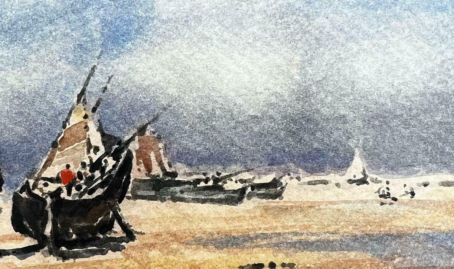 Unknownfrench Impressionist Landscape   Boats In A Dry Bay W/ Figure Tending To Rigging2015 photo for sale